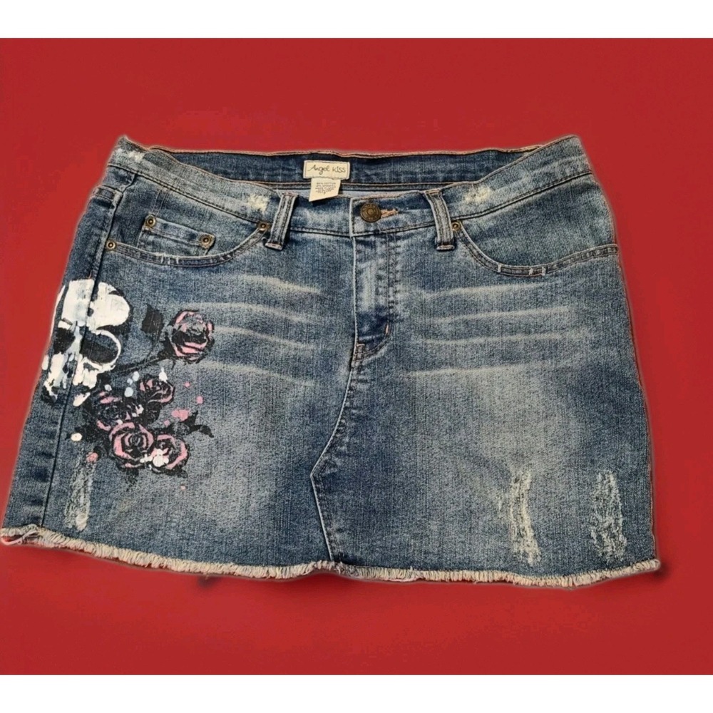 Vintage Angel Kiss Women's Denim‎ Skull Goth Punk Rock Hand Painted Skirt Size 7